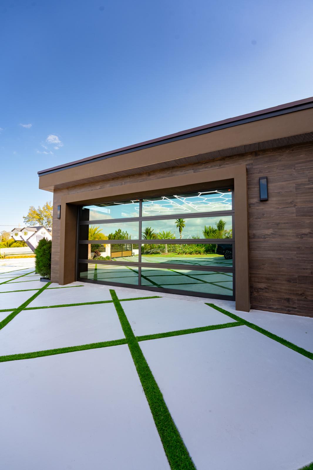 Tinted glass, wood cladding